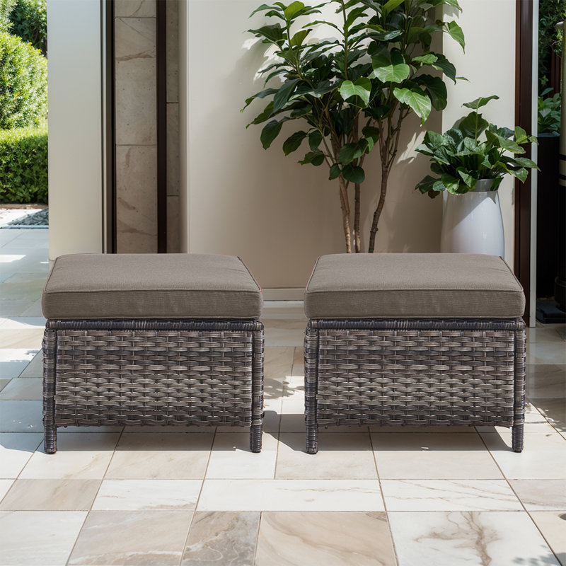 Repose-pieds d'extérieur en osier avec coussins Schutt, Gris, Gris