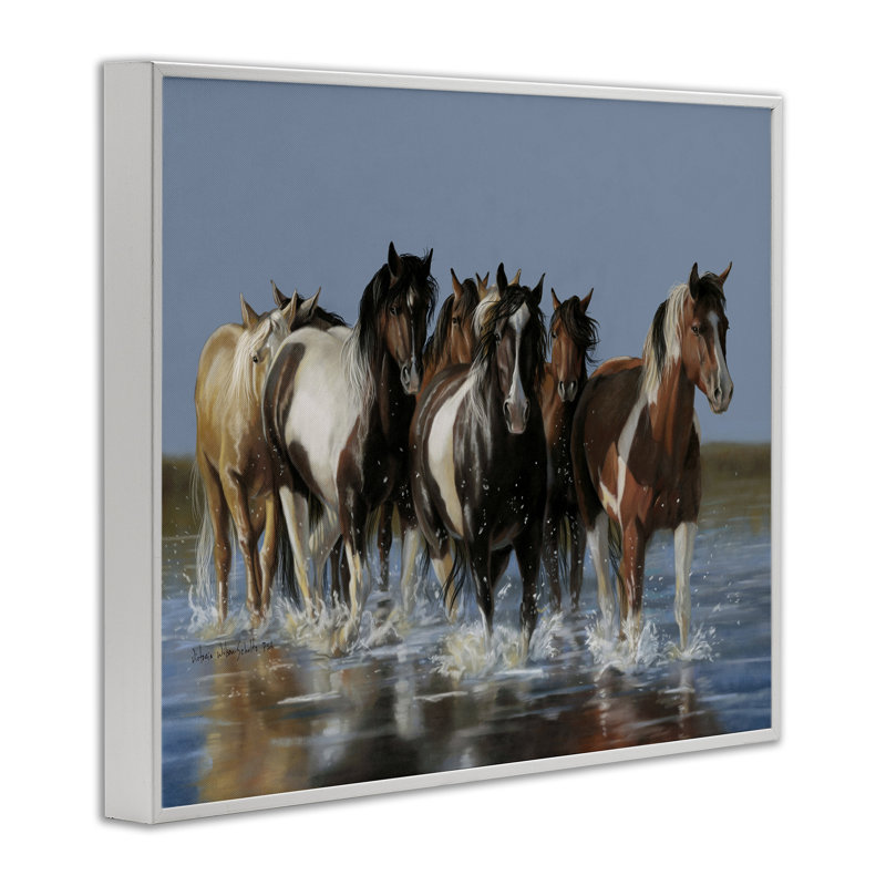 Chevaux qui traversent la rivière par Victoria Schultz, Giclée encadrée blanc bord de mer, H 24 po x l 30 po