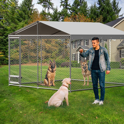 10x10 ft Outdoor Dog Kennel with Feeding Station, Waterproof Cover & Metal House