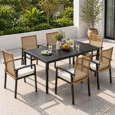 6 - Person Patio Outdoor Dining Set with Aluminum Tabletop & All-Weather Wicker Chairs