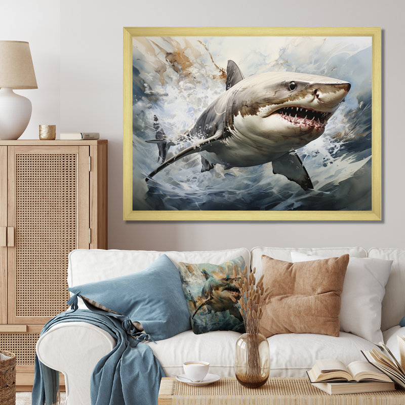 " Gray Shark Silent Hunter I ", Gold Single Picture Framed, 34" H x 44" W x 1.5" D