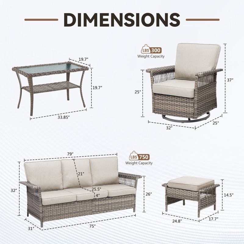 Anferney 6-Piece Outdoor Patio Sofa Conversation Set With Coffee Table, Beige