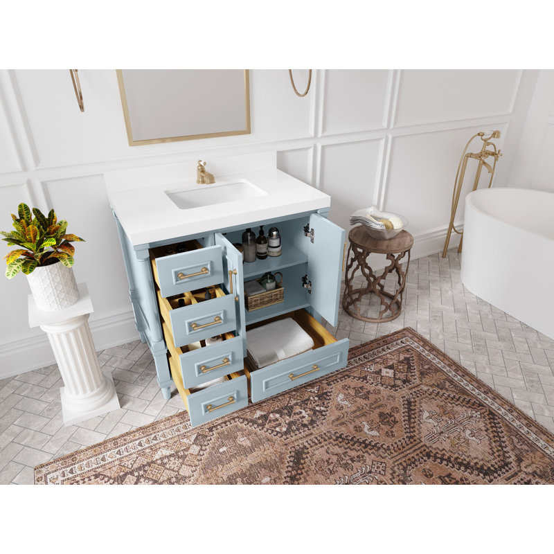 Aberdeen X P 22 po Meuble-lavabo de salle de bain central D avec quartz Calacatta Laza, Bleu / doré brossé