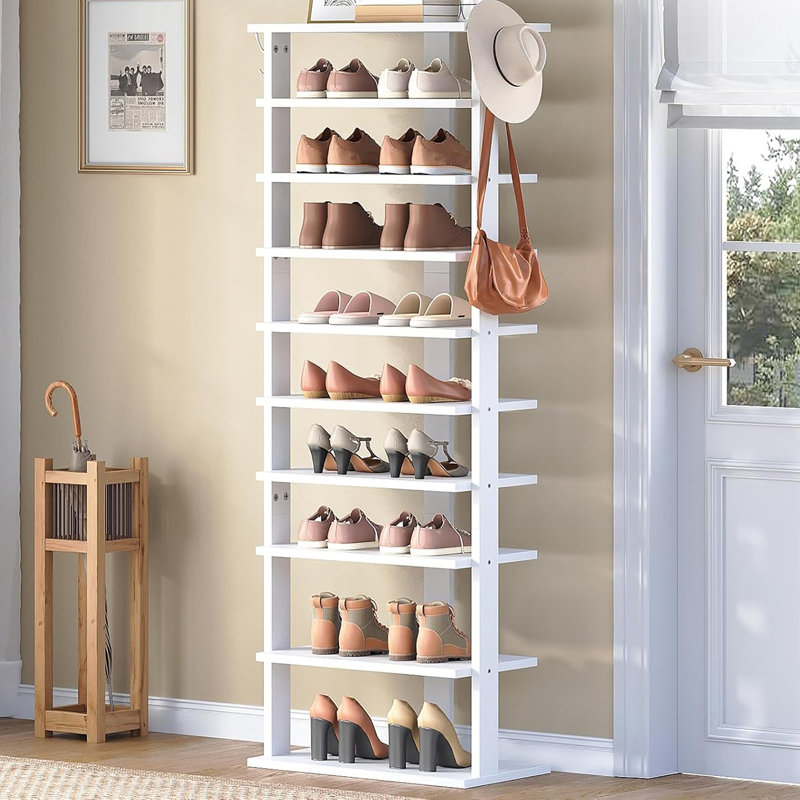 Étagère à chaussures en bois avec crochets Narrow 10 - Tiers, Blanc