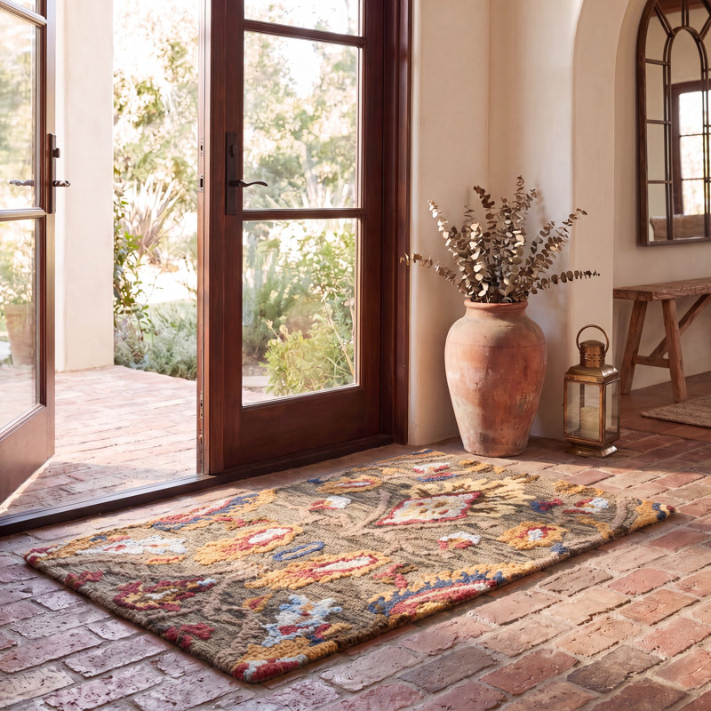 Floral Wool Hand Tufted Area Rug, Rectangle 61 x 91 cm, Green/Brown