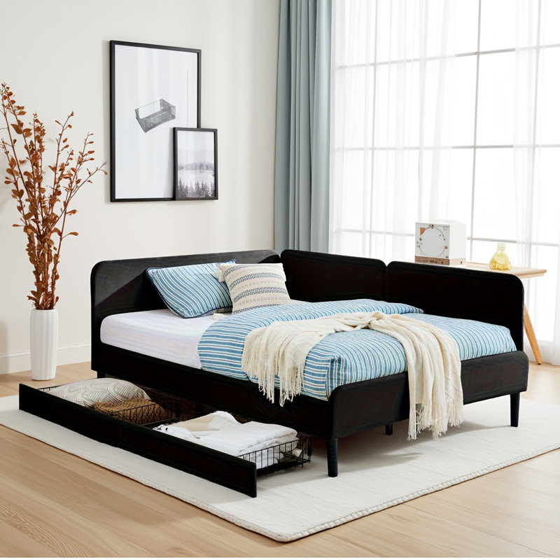 Black Full Size Upholstered Platform Bed Frame – Adjustable Velvet Sofa Bed With 2 Rolling Storage Drawers, Reinforced Plywood/mdf Frame (300lbs Max Capacity)