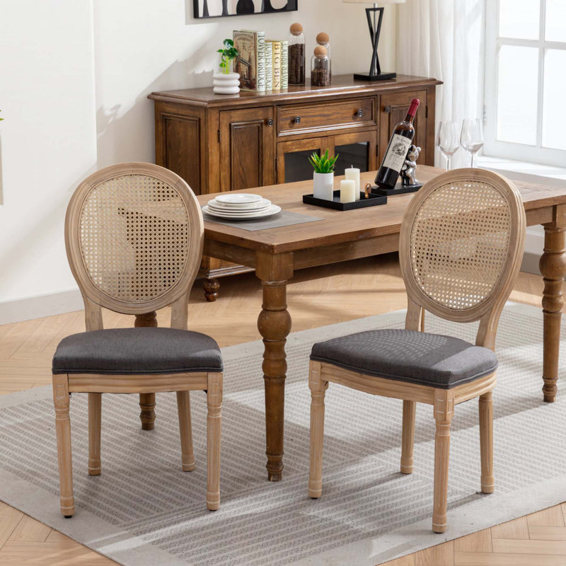 Solid Wood Frame Rattan Back Dining Chair, Grey