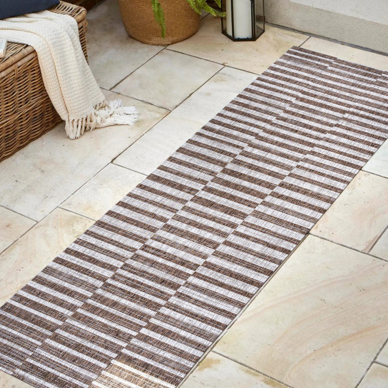 Aghamjot Modern Offset Stripe Brown/Beige Indoor/Outdoor Rug, Runner 2'2" x 8'