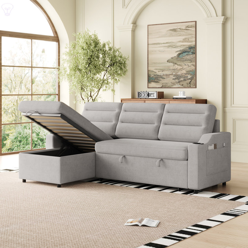 Canapé-lit convertible, canapé-lit convertible en polyester avec inclinable de rangement et porte-gobelet pour le salon, espaces restreints