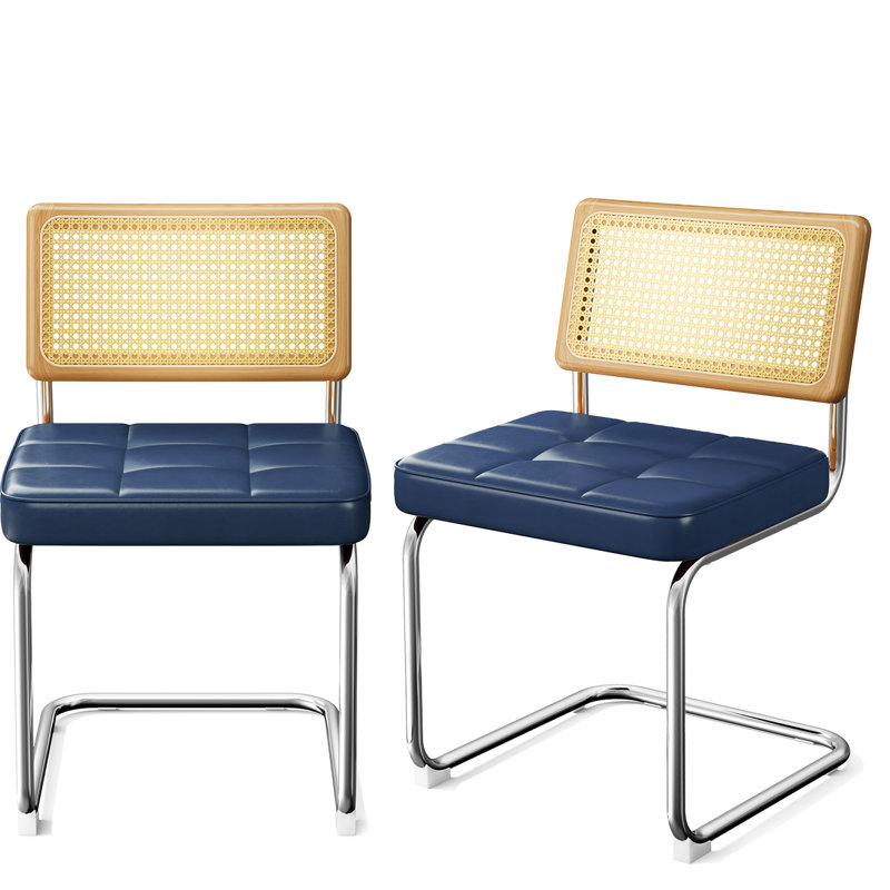 Chaises de salle à manger en similicuir naturel et bleu, design Mid-Century confortable pour l'esthétique de la cuisine, dossier en bois massif