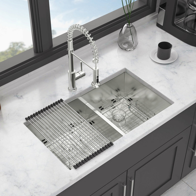 30"X19"X10" Undermount Double Bowl(60/40) Kitchen Sink - 16 Gauge With Two 10" Deep Basin