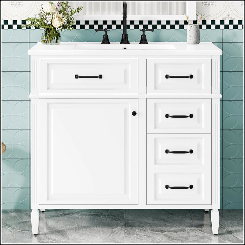 36-Inch Bathroom Vanity With Ceramic Sink, Solid Wood, MDF Cabinet, Flip Drawers, Adjustable Shelf, Metal Handles, White