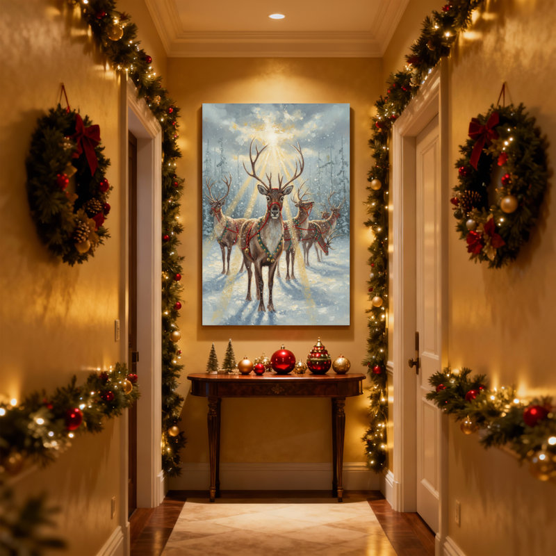 «Christmas Reindeer Team In Winter Light Forest Scene», ensemble de 3 impressions d'art sur toile, H 30 po x l 20 po