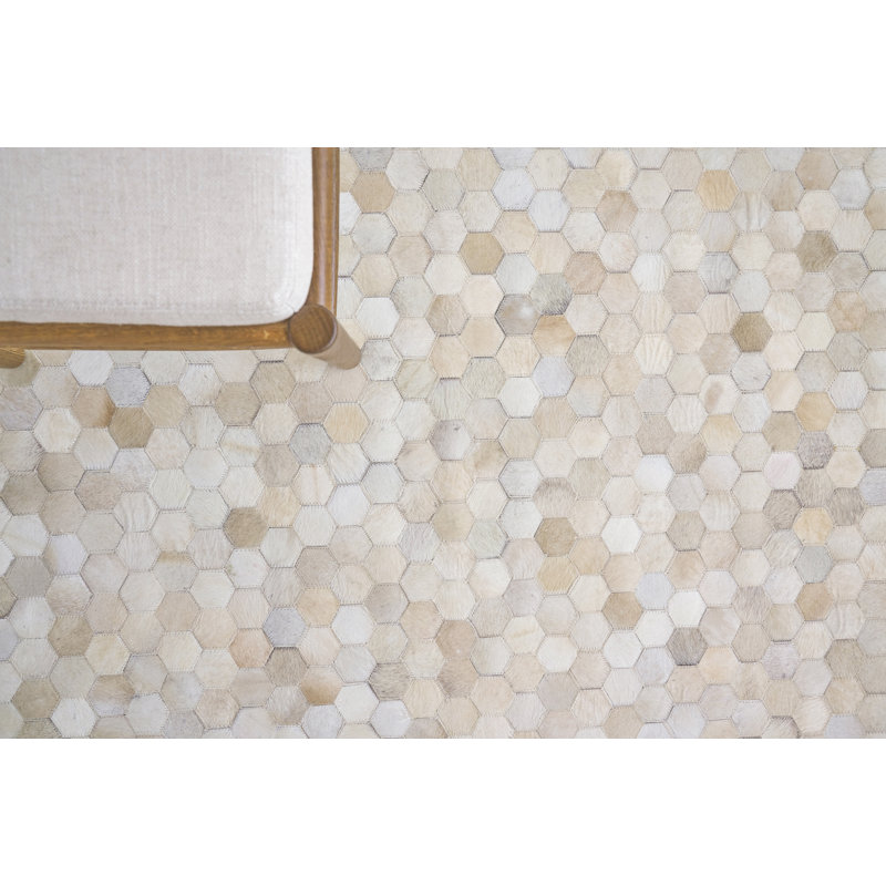 Mosaic Cowhide Geometric Area Rug in Ivory