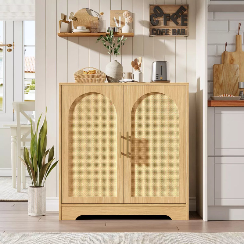 30" W Sideboard Buffet Cabinet- with 2 Rattan Doors, Storage Console Table & Modern Accent Coffee Bar Cabinet for Living Room, Kitchen, Brown