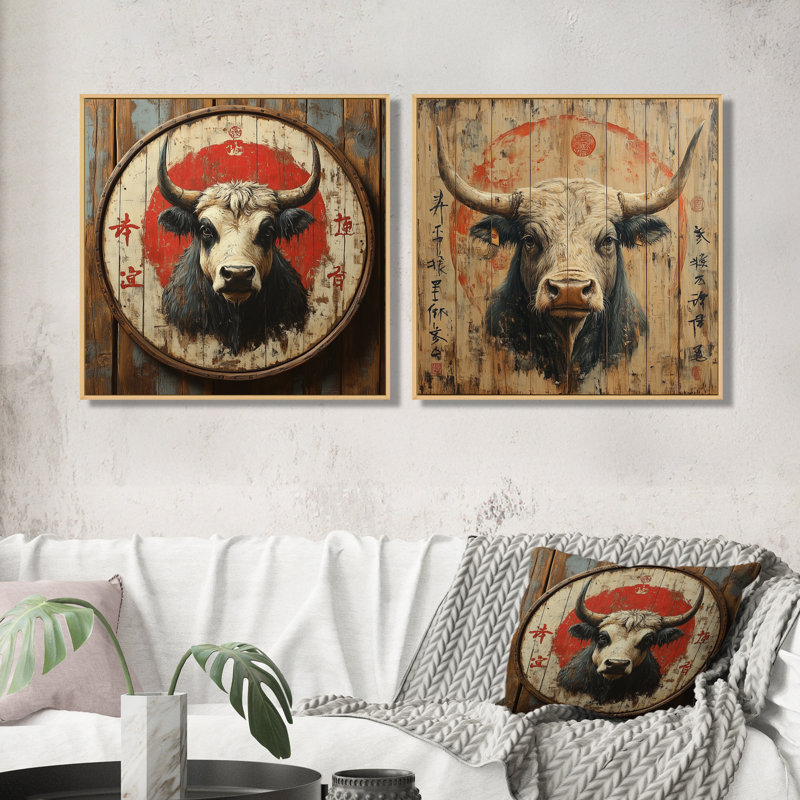 «China China» et bœuf orange I - décoration murale animal taureau - art mural moderne 2 pièces, H 36 po x l 73 po