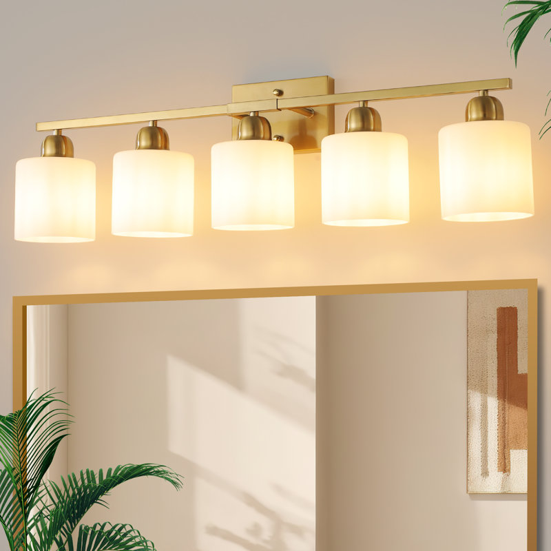  Éclairage de meuble-lavabo à 5 lumières à intensité variable avec abat-jour en verre de lait givré, Doré, 5 lumières