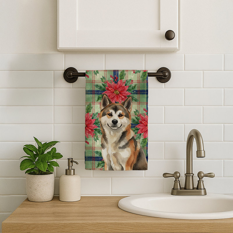 Sesame Akita Christmas PoinsettIas Kitchen Towel, Sesame Akita