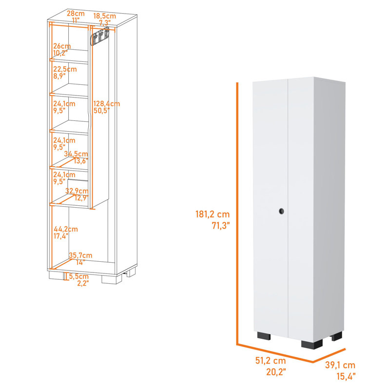 Armoire à balais blanche avec compartiments intérieurs - Organisez vos articles 5 tablettes en bois offrent un grand espace de rangement pour la décoration intérieure