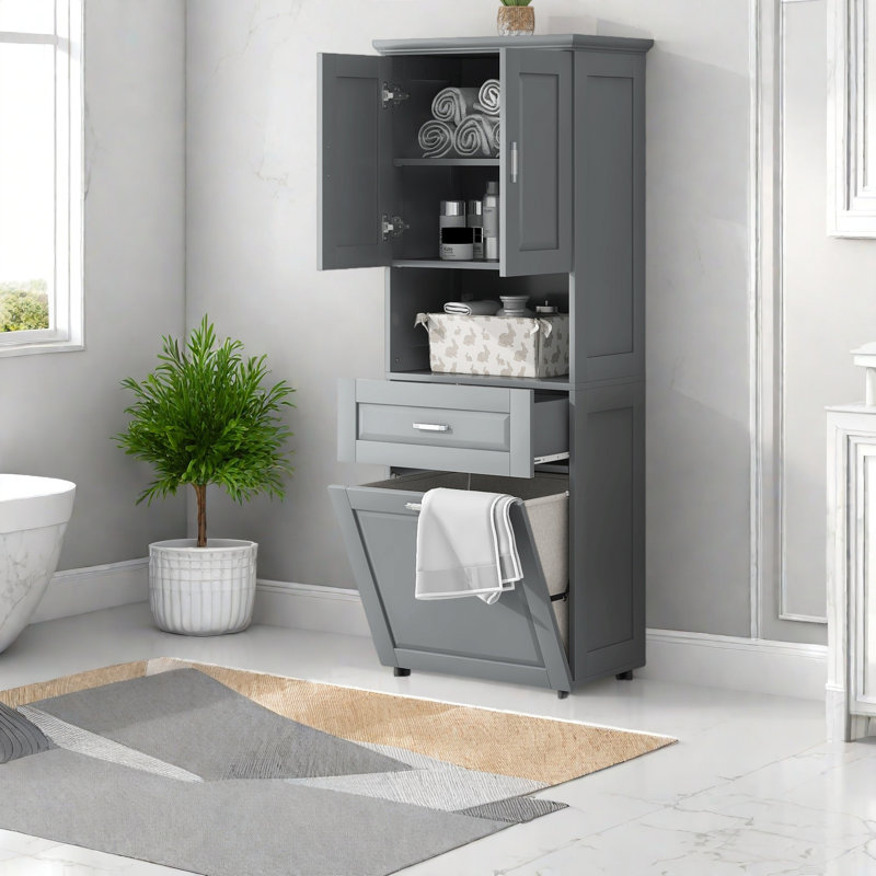 Grande armoire de salle de bain avec panier à linge, grand panier à linge inclinable et armoire de rangement supérieure, Gris