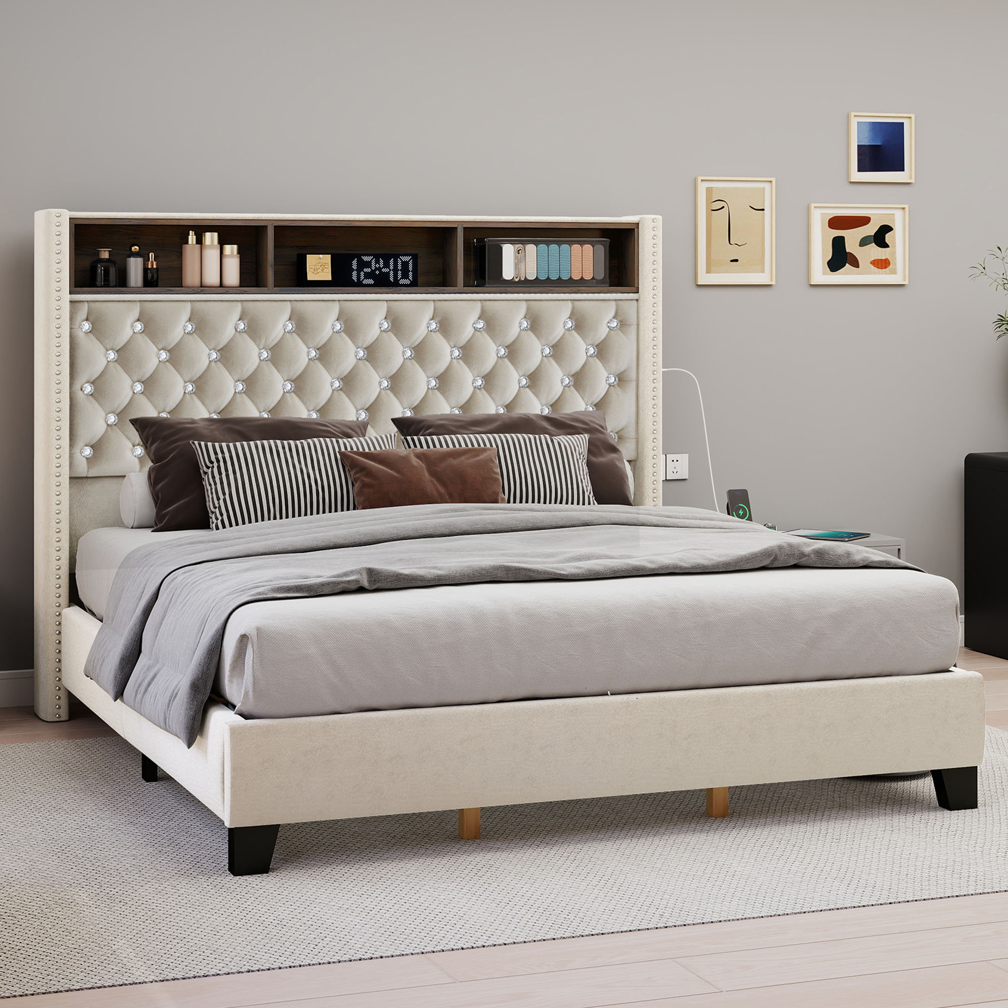 Ebern Designs Crystal Tufted Velvet Upholstered Bed Frame with Power ...