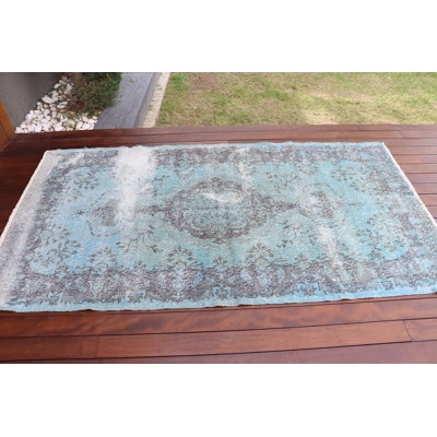 Tapis turc surdimensionné bleu à motif médaillon fait à la main et décor bohème parfait pour le salon comme tapis de sol Anatolian
