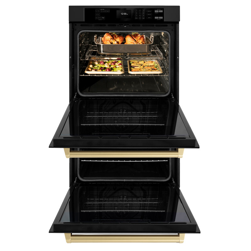 ZLINE 30 in. Autograph Double Wall Oven w/ Air Fry and Self Clean w/ Black Handles, Champagne Bronze, Black Stainless Steel