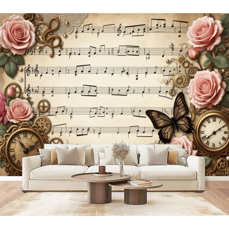 Papier peint à peler et à coller rétro avec feuilles et roses, horloge, papillons, décorations murales Steampunk, H 69 po x l 96 po, papier peint amovible, adhésif mural pour chambre à coucher, bureau à domicile
