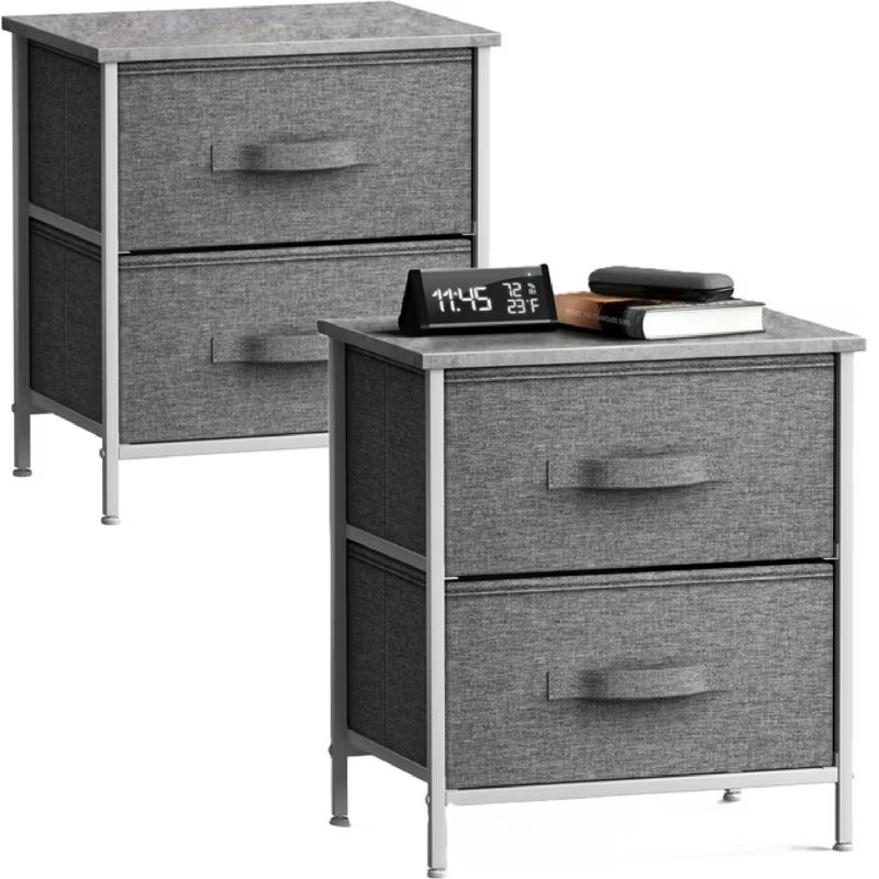 Table de chevet à 2 tiroirs Sorbus - Structure en acier, plateau en bois et bacs en tissu Easy Pull, Gris