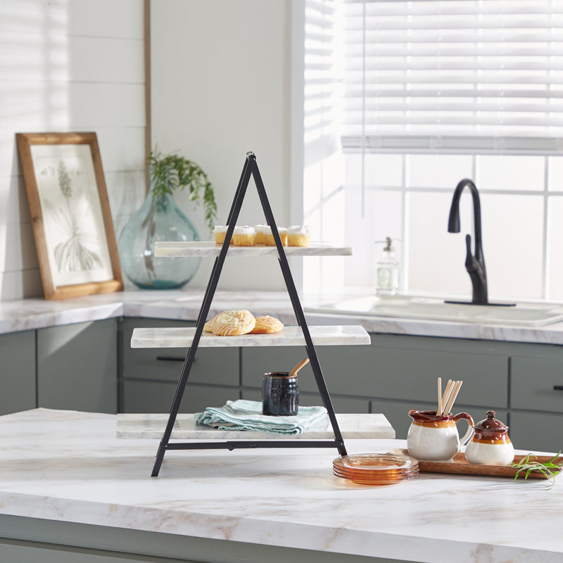 Elevated 20" White Marble and Black Metal 3-Tier Rectangular Server