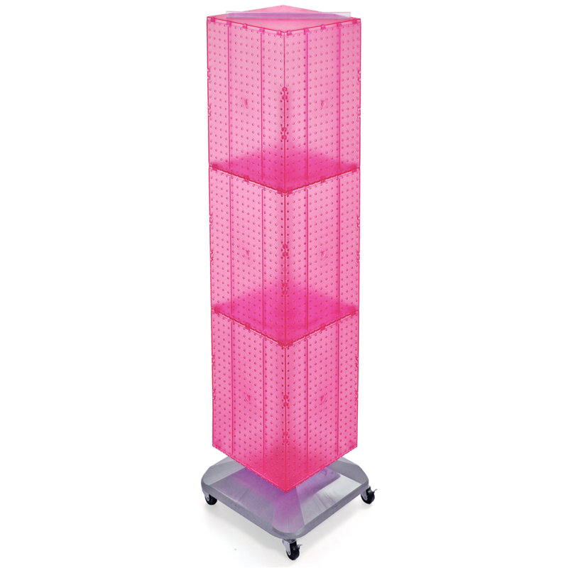 Présentoir de plancher à quatre côtés en équerre sur base pivotante à roulettes. Support à roulettes. Taille du panneau: l 14 po x H 60 po