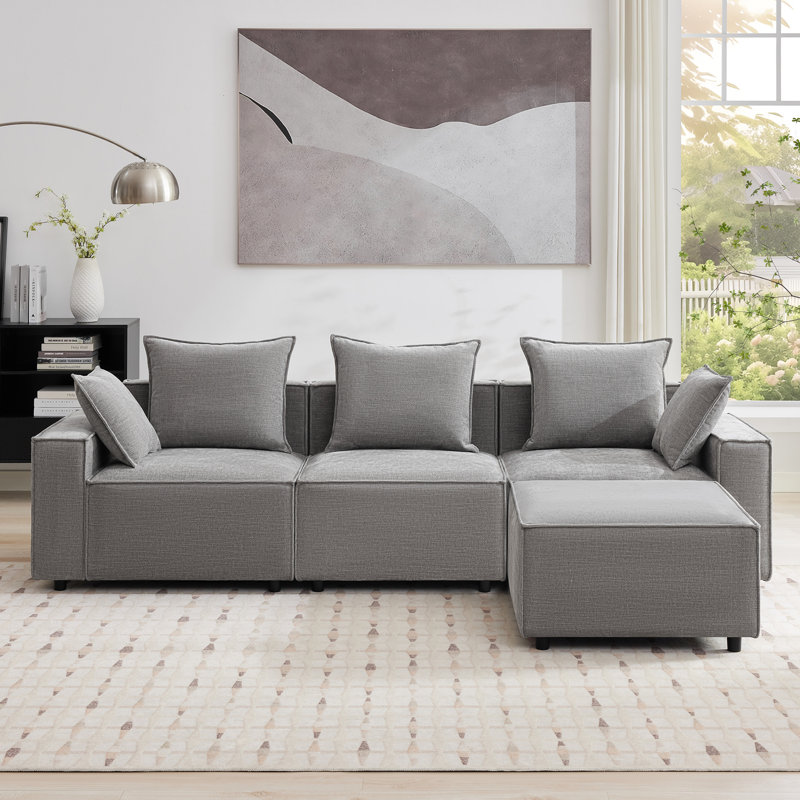 Makassar 106” Upholstered Sofa Modular Square Arm Foam Sectional With Ottoman, Gray Polyester