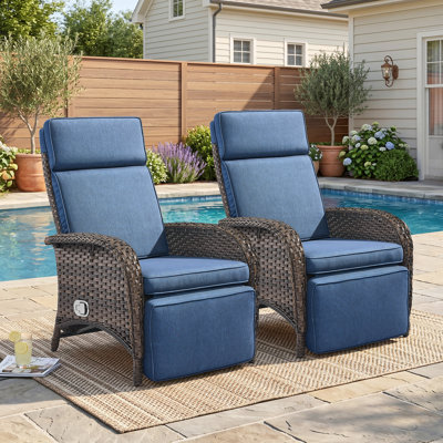 Luxueux fauteuil d'extérieur inclinable en osier PE 2 pièces, fauteuil de jardin inclinable réglable avec repose-pieds escamotable, coussins de siège profonds et appui-tête ergonomique, fauteuil en rotin toutes saisons pour bord de piscine, jardin, terrasse