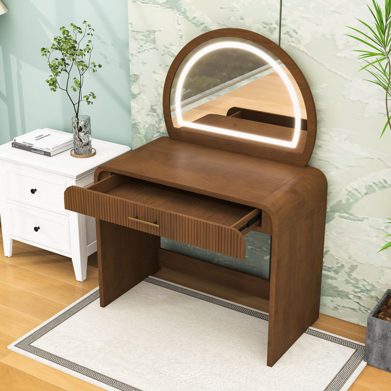 Coiffeuse moderne avec miroir tactile à DEL, bords courbés et tiroir ondulé, Espresso