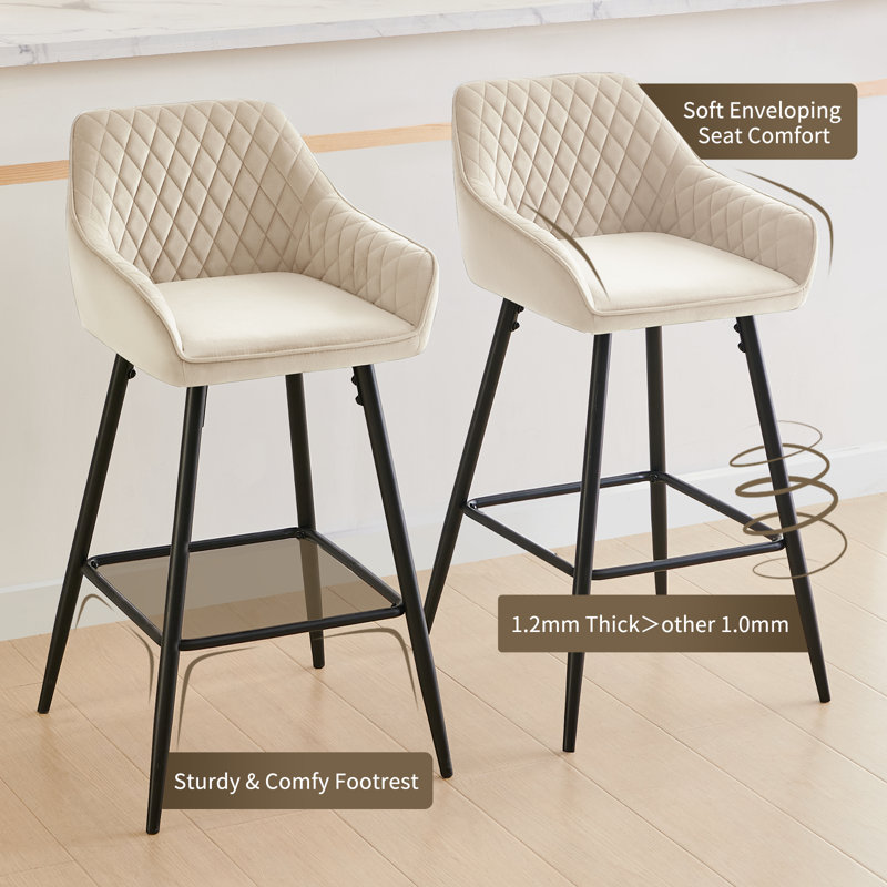 Saarrah 68cm Upholstered Bar Stool with Arms, Beige Velvet, 2