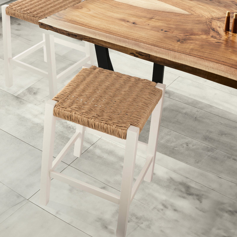 Tabouret de bar avec siège en corde tissée à la main - Tabouret à hauteur de comptoir de 24 po pour la cuisine, le bar ou la salle à manger - Tabourets de bar en bois (blanc)