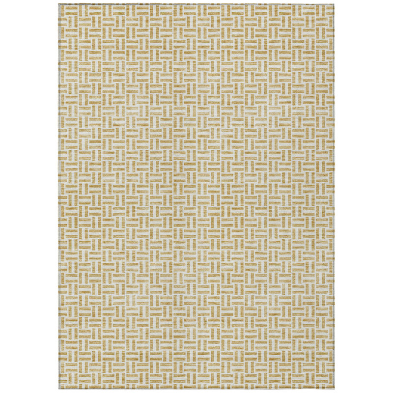 3' X 5' Gold And Ivory Geometric Washable Indoor Outdoor Area Rug