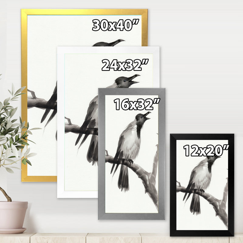 Corbeau qui pleure sur une branche - Peinture sur toile, Cadre noir, H 32 po x l 16 po x P 1 po