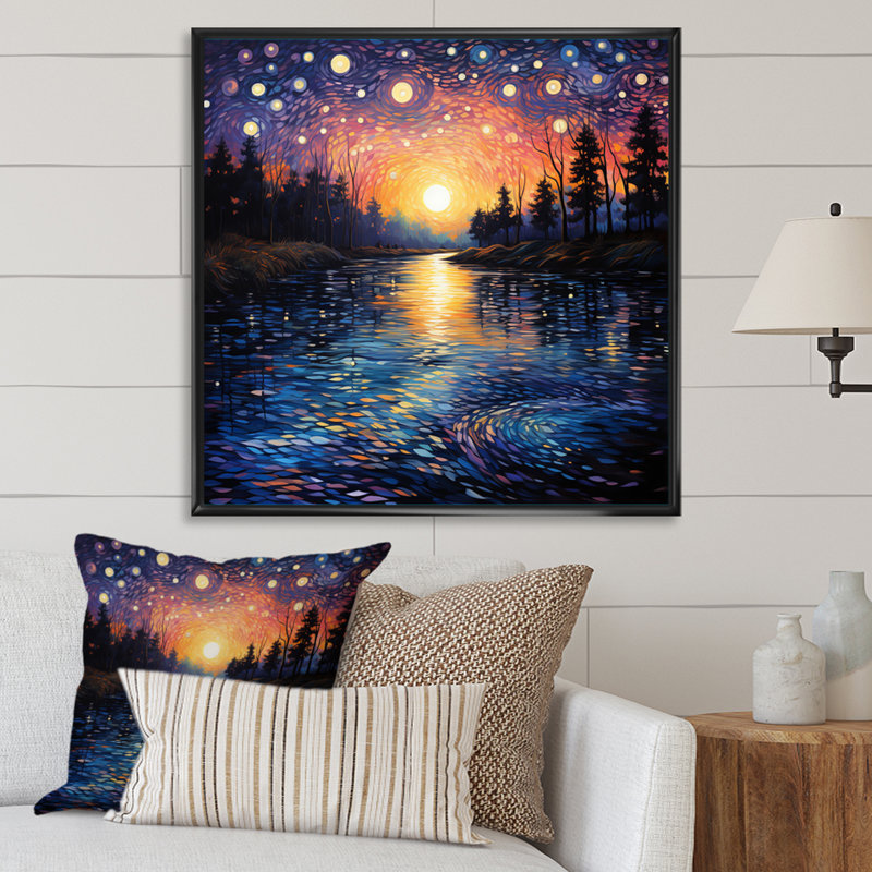«Vangogh Twilight Reflections Pointillism - Vangogh Wall Art» par Vincent Van Gogh, peinture, H 30 po x l 30 po, Noir