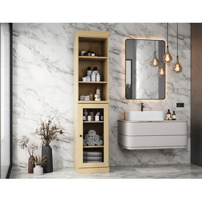 100% Solid Wood 16.5" Bathroom Storage Cabinet with Clear Glass Doors and Adjustable Shelves