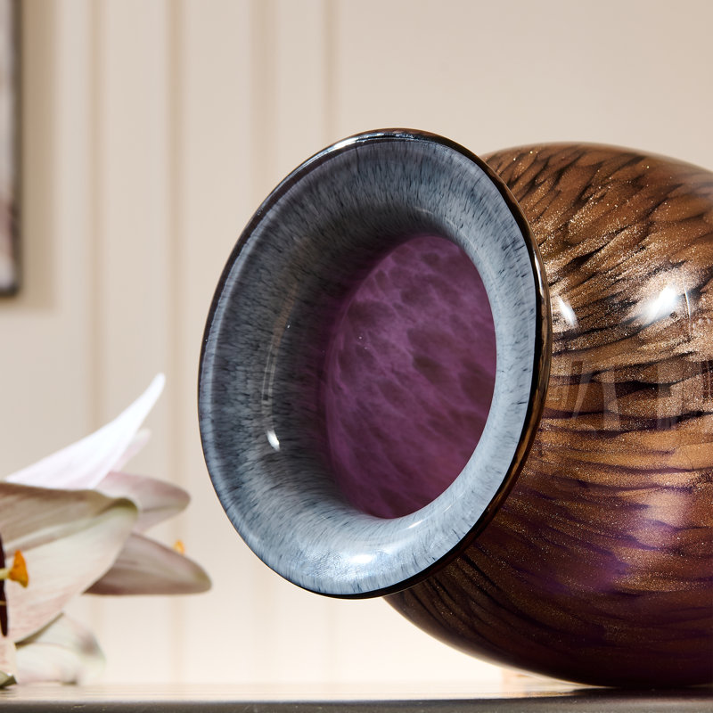 Hand-blown stained glass tabletop modern vase with , glazed glass grain and wide mouth decorative fashionable vase