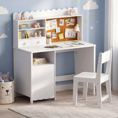 White Desk and Chair Set with Storage Cabinet and Cork Board