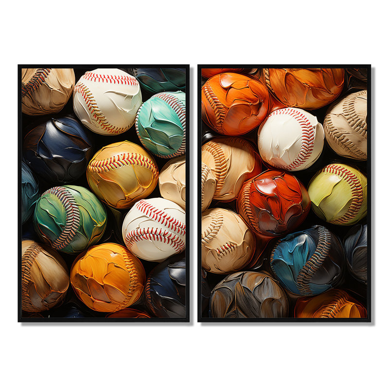 Baseball Collage I - art mural multicolore 2 panneaux, Impression encadrée flottante, Noir, H 36 po x l 48 po