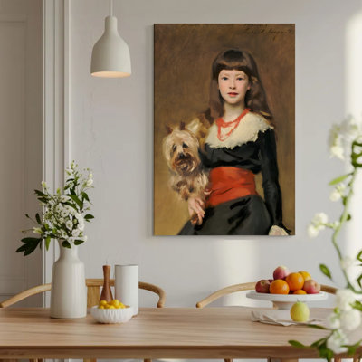 Framed Canvas Wall Art, A woman in a black dress with red accents holds a small dog, Impressionist oil painting style. Wall Decor, Large Artwork for Living Room Bedroom, Ready to Hang, 24x36 Inch