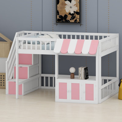 Lit mezzanine avec structure en forme de cabane, marches de rangement, lumière DEL et rangement sous le lit pour enfants