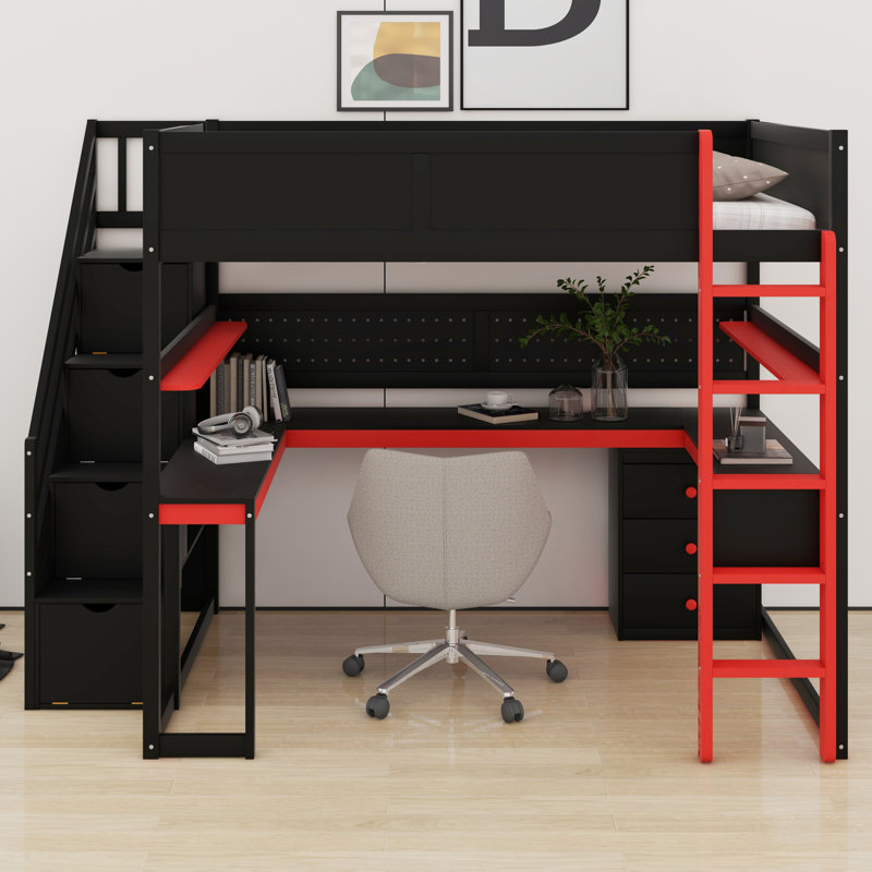 Lit mezzanine innovant avec bureau, tablettes, panneau perforé et escalier de rangement, Lit double, Noir / Rouge