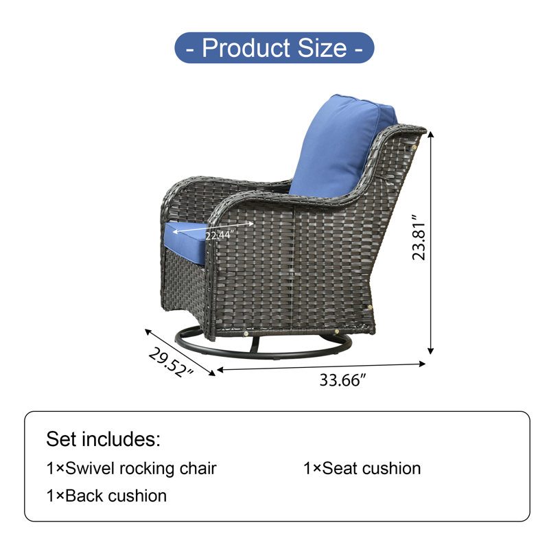 Chaises longues berçantes pivotantes en osier avec coussins, Marine, Brun