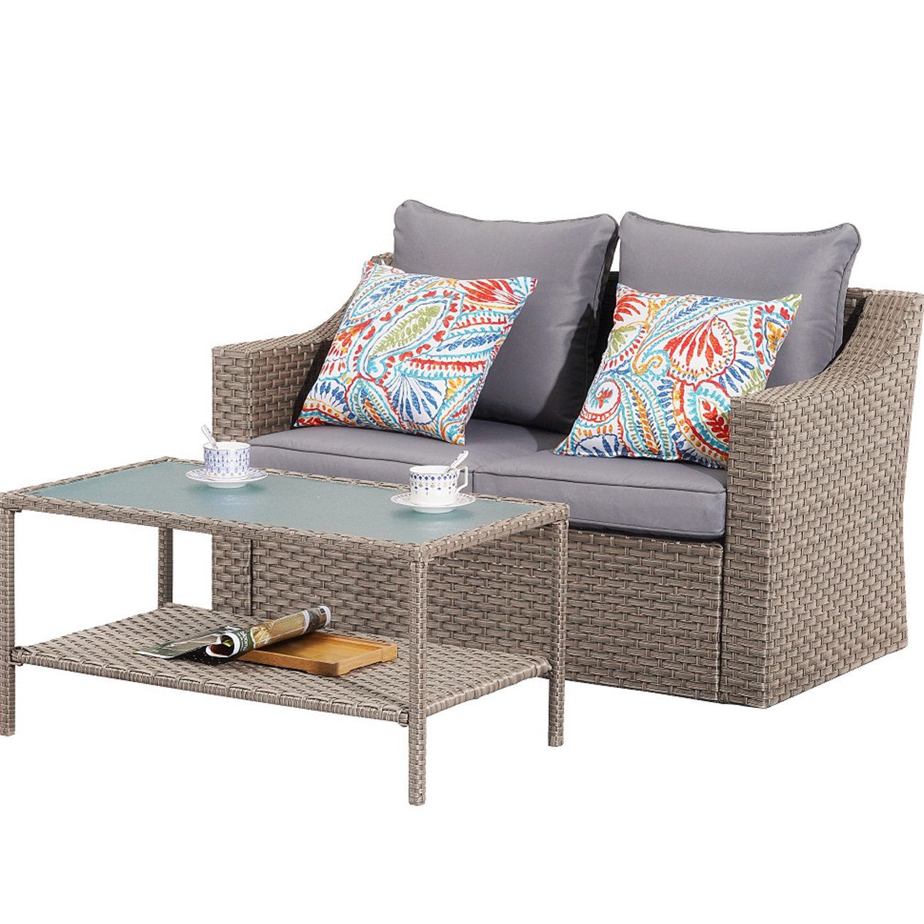 Highland Dunes Outdoor Patio Coffee Table Couch Living Room Couch Set ...