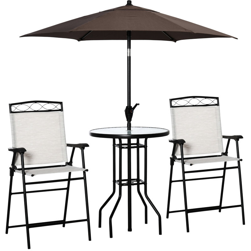 Outdoor Patio - 4 Pieces. Beige. 2 Folding Chairs, Adjustable Umbrella, Tempered Glass Table. Great For Patio, Deck, Poolside. Strong Steel Construction, Breathable Frame, Quick-Drying Fabric