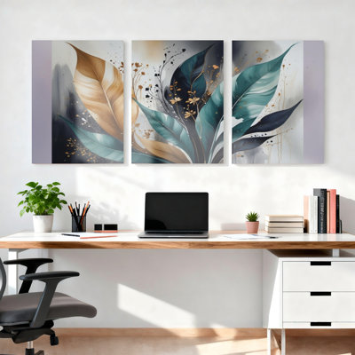 Abstrait floral feuilles sur toile tendue, ensemble de 3 reproductions d'art sur toile